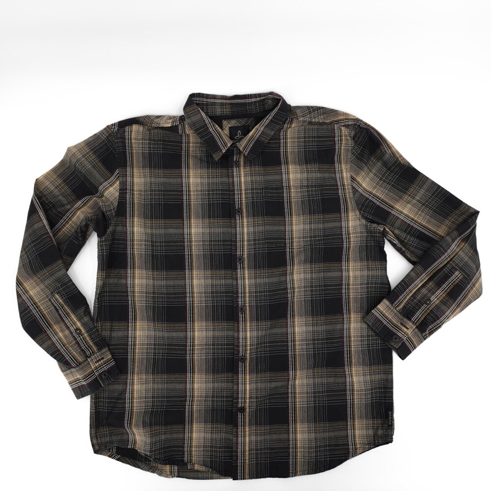 prAna Shirt mens Extra Large Black Plaid Long Sleeve Button Up Casual Outdoor